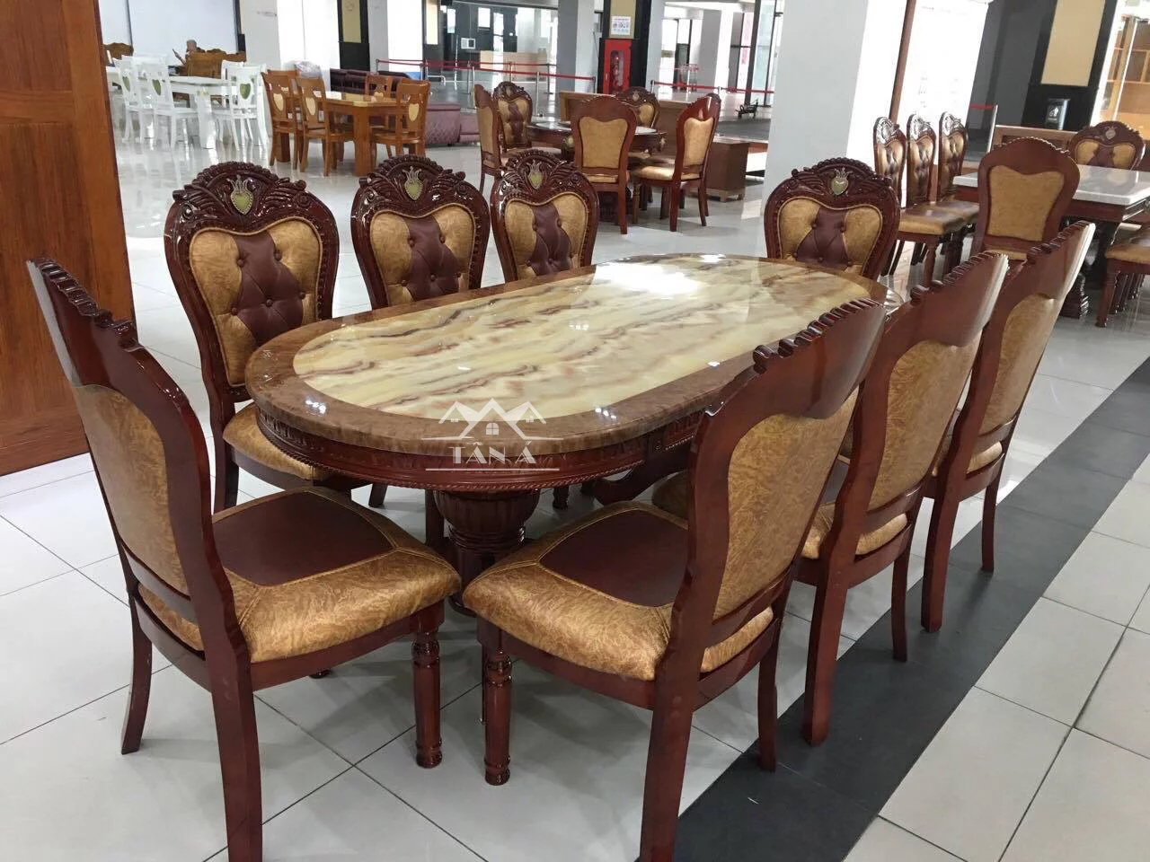 Bàn ăn mặt đá tân cổ điển 6 ghế da cao cấp nhập khẩu đài loan