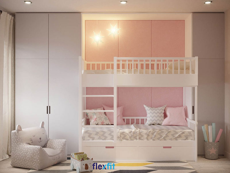 Mẫu giường tầng đẹp hiện đại cho bé gái màu hồng