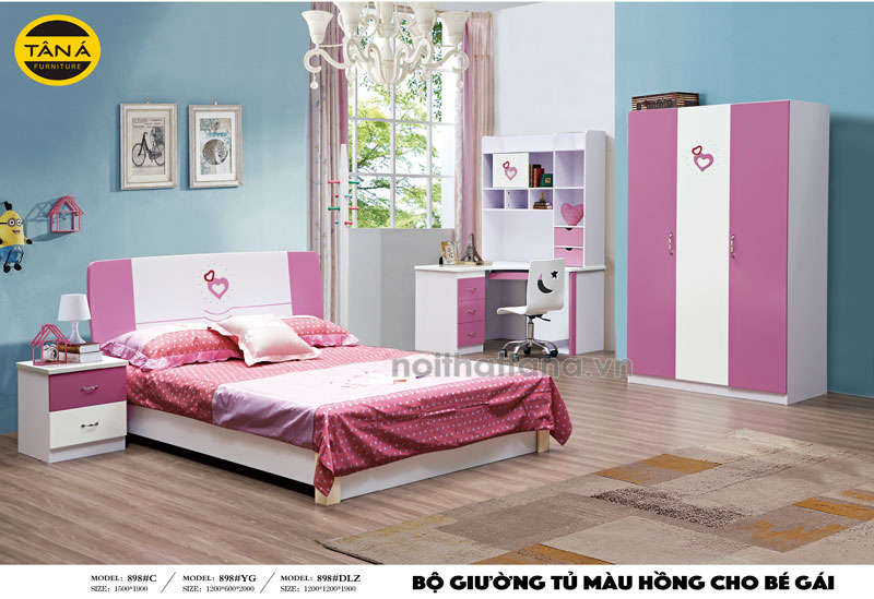 Combo giường tủ hiện đại cho bé gái màu hồng TA-898