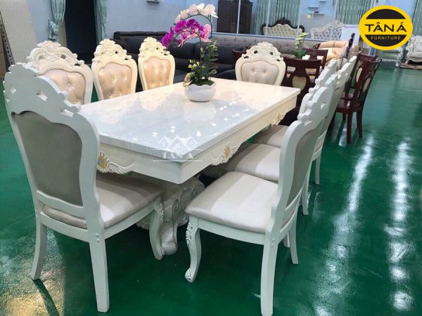 Bộ bàn ăn mặt đá 8 ghế gỗ bọc da cao cấp BA24