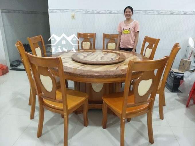 bộ bàn ăn tròn 8 ghế gỗ sồi mặt đá