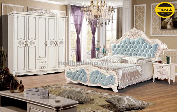 Bộ giường tủ tân cổ điển bọc da đầu và đuôi giường TA-H1705