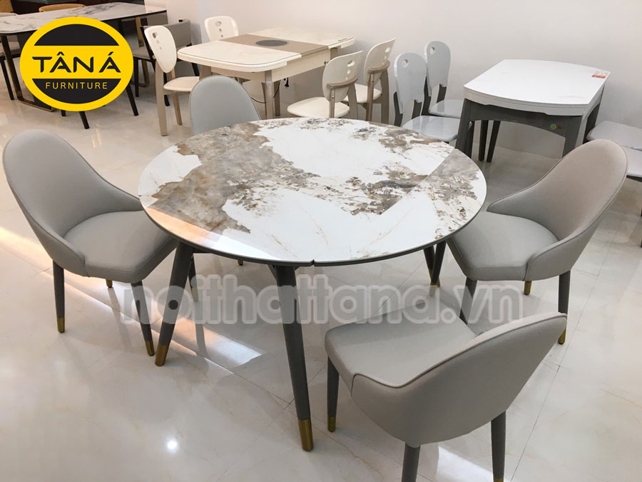 Bộ bàn ăn mặt đá có mâm xoay tròn 6 ghế nệm lưng cao chân màu vàng tại -  Banghehiendai.com