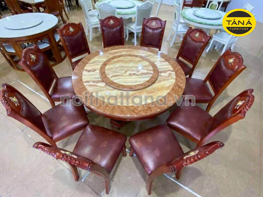bộ bàn ăn tròn 10 ghế gỗ sồi bọc da