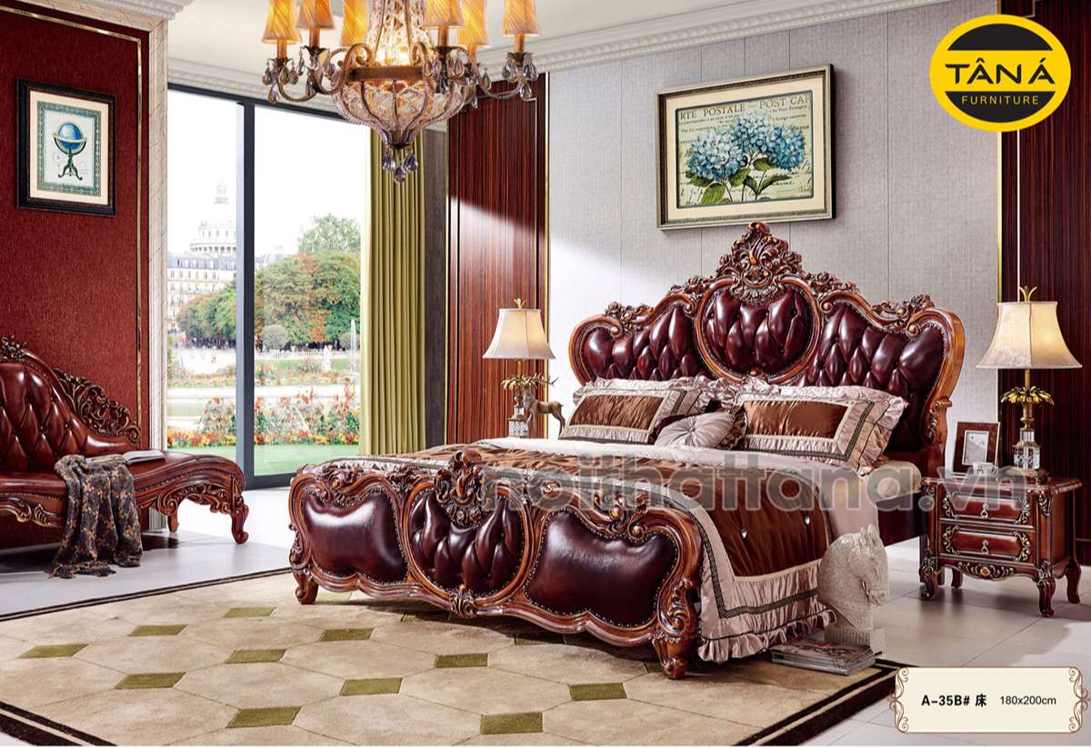 mẫu giường ngủ gỗ màu óc chó phong cách tân cổ điển châu âu